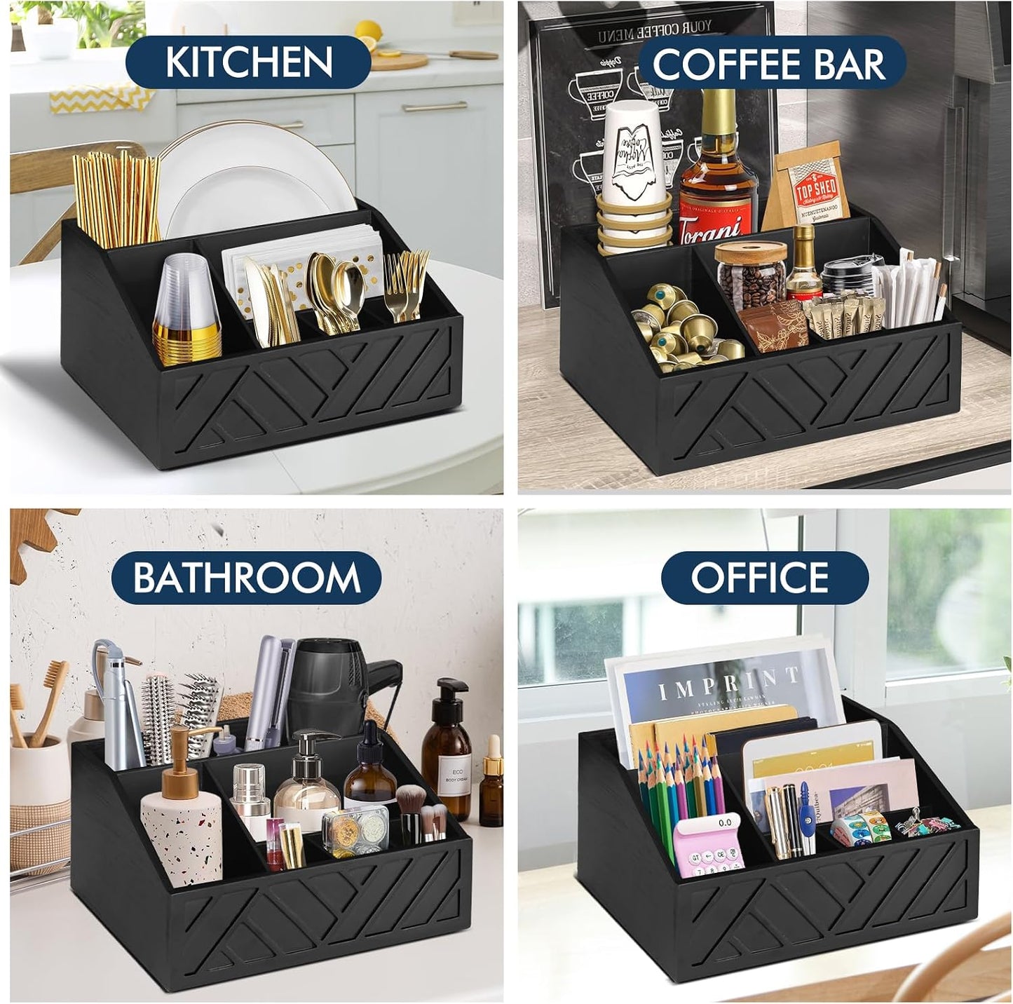 Ukonvi Paper Plate Dispenser, Paper Plate Holder for Kitchen Counter, Wood Rustic Silverware Utensil Caddy, Cutlery Flatware Organizer Box for Cups Spoons Forks Plates Napkins, Kitchen Accessories