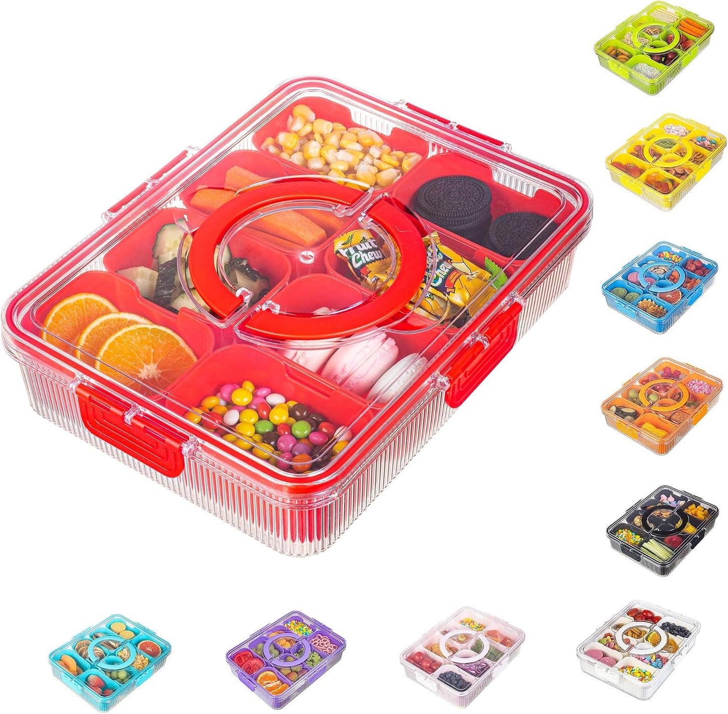 Patent Divided Serving Tray with Lid & Handle - Snackle Box Organizer for Charcuterie, Sandwiches, Veggies, Fruits, Candy - Portable Food Storage for Travel, Beach, Picnics（1 pcs, Orange）