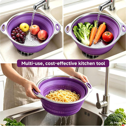 Mejoncb Collapsible Colander – Platinum Silicone Strainer with Stainless Steel Base, BPA-Free & Heat Resistant Kitchen Drain Basket (Gery)