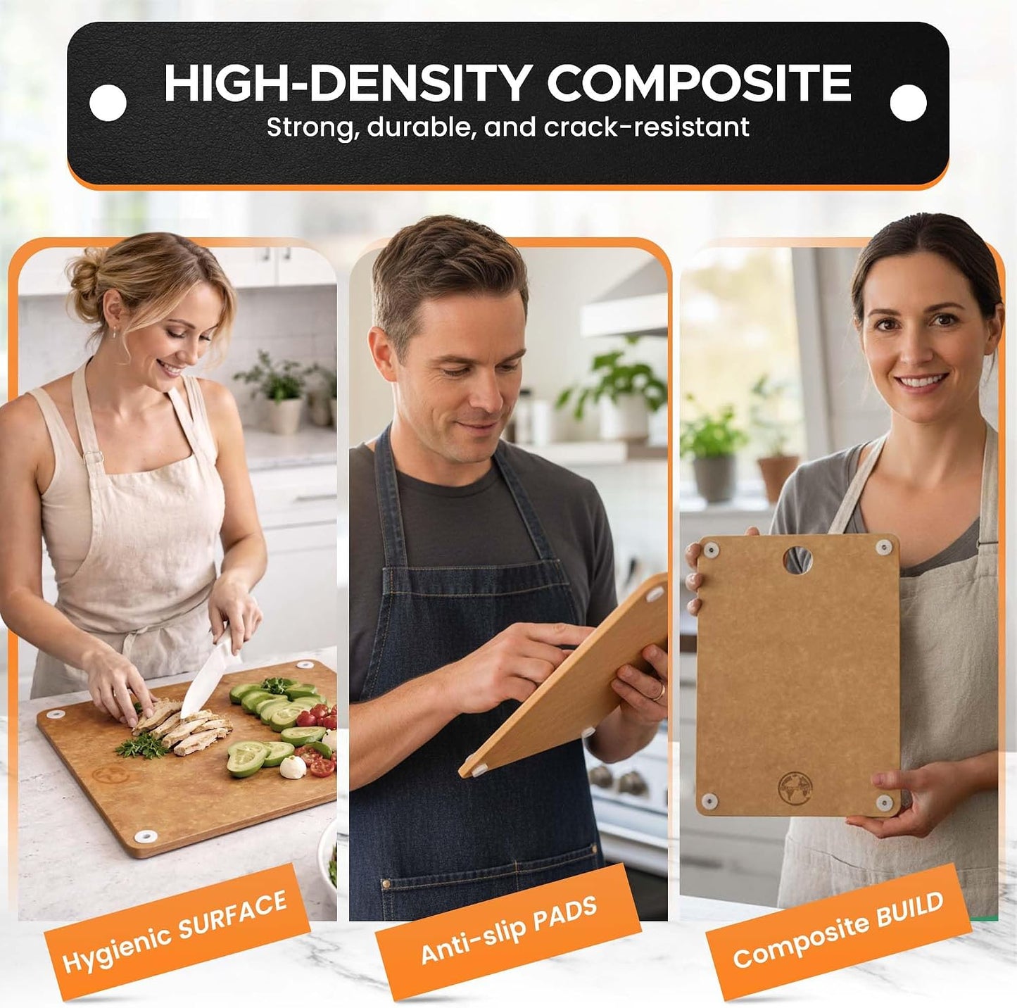 Earth's Dreams Composite Wood Cutting Board Set of 3 – Built In Juice Groove, Dishwasher Safe,Cutting Boards for Kitchen – Large, Medium & Small Non-Slip Wood Charcuterie & Chopping Boards (Tan/Black)