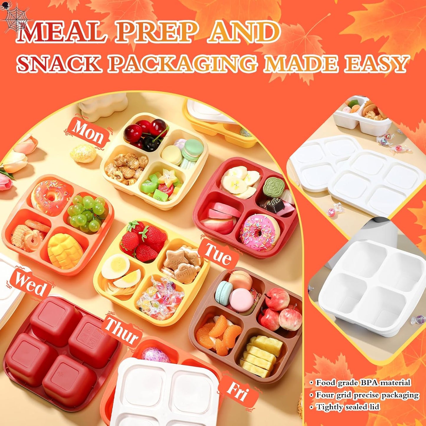 Honeydak 10 Pack Bento Snack Containers 4 Compartment Snack Boxes Reusable Containers with Lids Divided Meal Prep Lunch Food Storage Box for School Work Travel