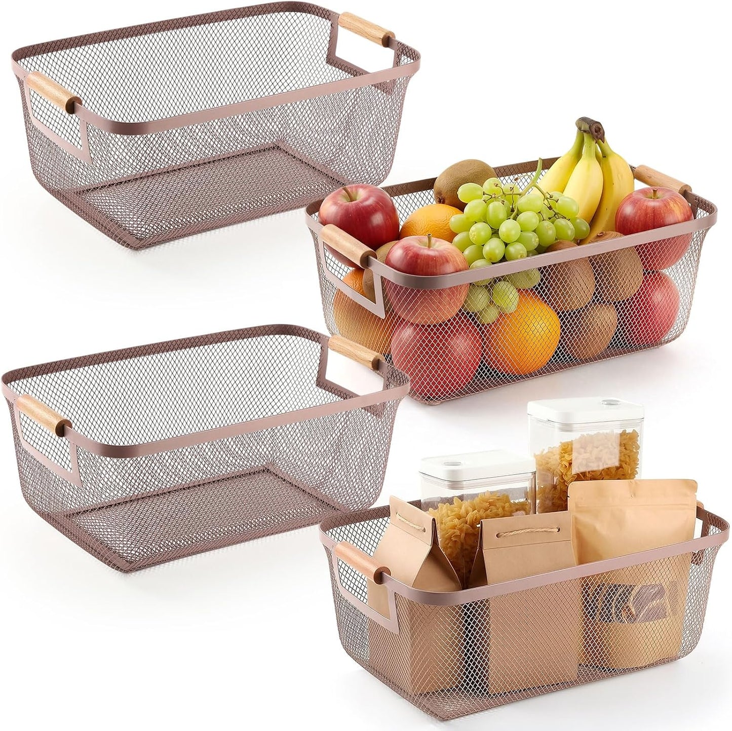 Mumufy 3 Pcs Metal Mesh Basket with Wooden Handles Wire Steel Organizer Bins Pantry Organizers Kitchen Baskets for Closet Cabinet Bathroom Fridge Food Snacks Organization (Warm Tapue,3 Sizes)