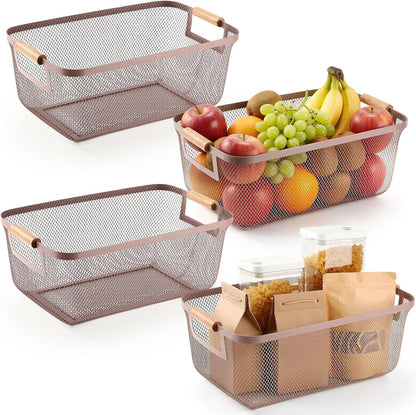 Mumufy 3 Pcs Metal Mesh Basket with Wooden Handles Wire Steel Organizer Bins Pantry Organizers Kitchen Baskets for Closet Cabinet Bathroom Fridge Food Snacks Organization (Warm Tapue,3 Sizes)
