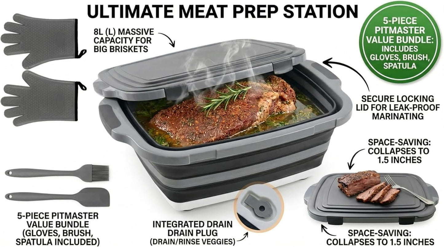 Collapsible BBQ Prep Tub with Lid & Cutting Board 8L - Meat Marinating Basin & Grill Carry System - 5pc Set with Heat Resistant Gloves, Basting Brush & Spatula(Black, Large, 8L)