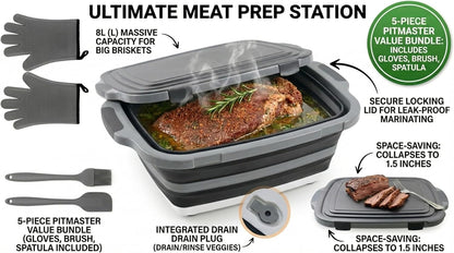 Collapsible BBQ Prep Tub with Lid & Cutting Board 8L - Meat Marinating Basin & Grill Carry System - 5pc Set with Heat Resistant Gloves, Basting Brush & Spatula(Black, Large, 8L)