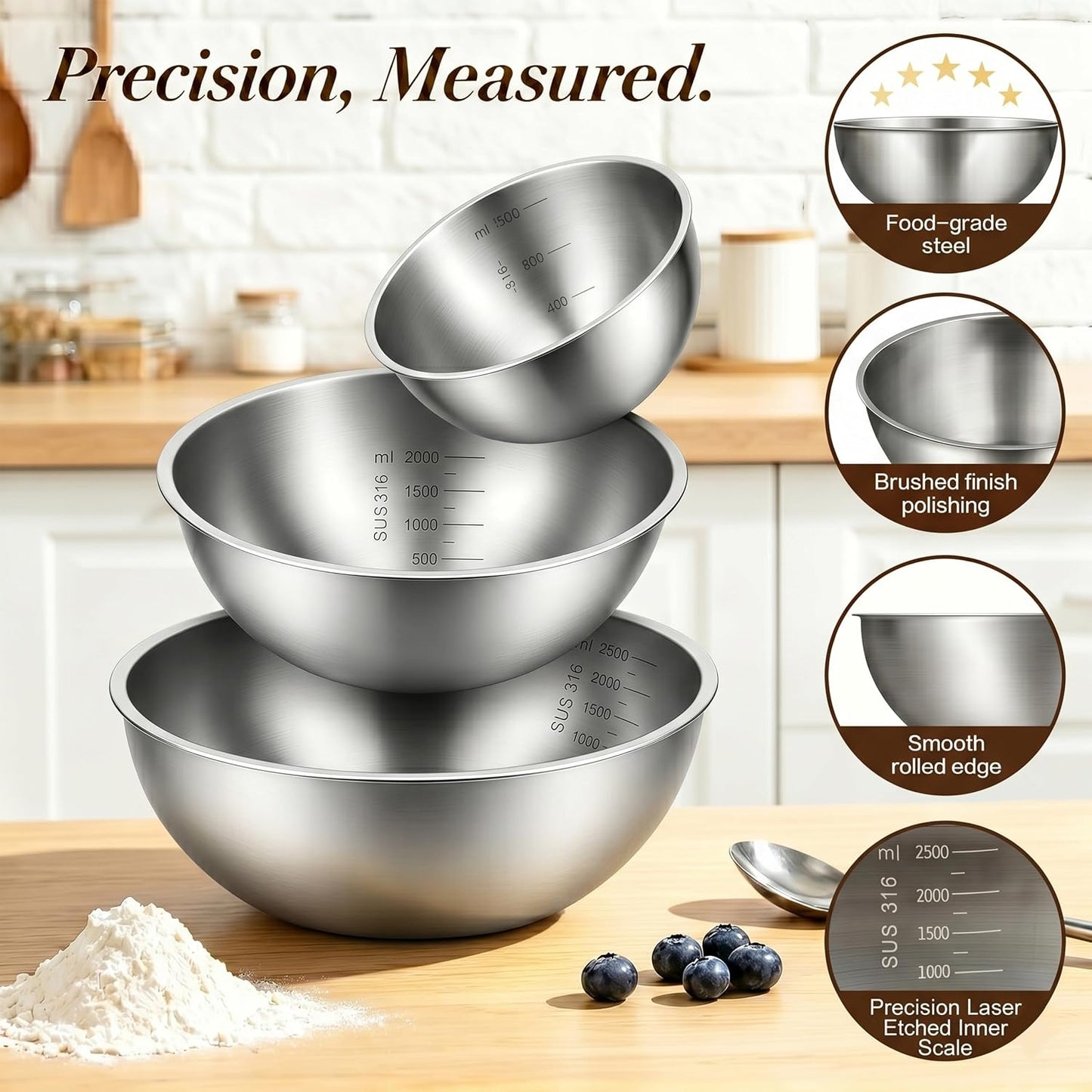 Stainless Steel Mixing Bowls Set of 3, 1.5/2.5/4 Qt Metal Mixing Bowls with Measurement Marks, Nesting Stainless Steel Bowl Set, Dishwasher Safe Stackable Kitchen Bowls for Baking, Salad & Meal Prep