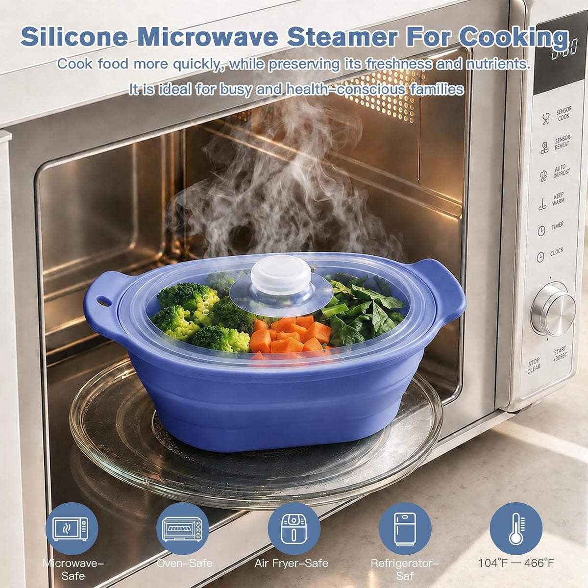 40oz Silicone Microwave Steamer For Cooking Food, Vegetable Steamer, Grey