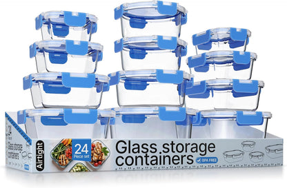 Bakken Borosilicate Glass Food Storage Containers with Lids 24 Pieces, BPA-Free Stackable Lunch & Leftover Containers, Microwave, Freezer & Dishwasher Safe, 100% Airtight Leak-Proof, Gray