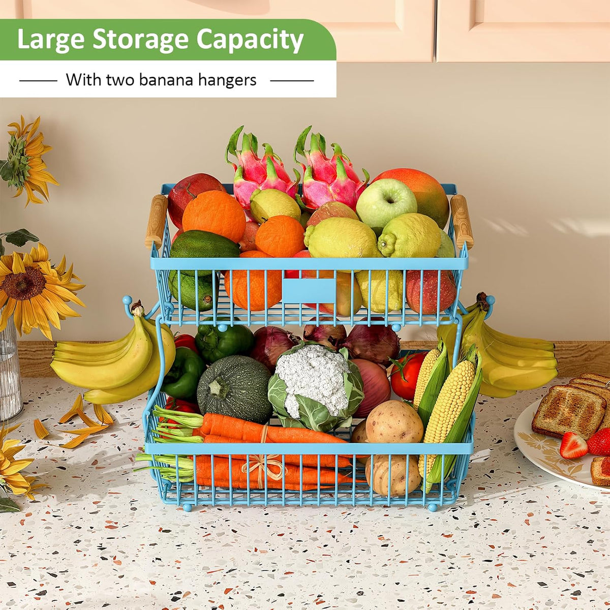 2 Tier Fruit Basket for Kitchen Counter with 2 Banana Hangers, Countertop Metal Bread Basket with Wooden Handle, Large Storage Stand for Vegetables, Snacks, Eggs, Produce Storage – Black