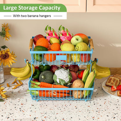 2 Tier Fruit Basket for Kitchen Counter with 2 Banana Hangers, Countertop Metal Bread Basket with Wooden Handle, Large Storage Stand for Vegetables, Snacks, Eggs, Produce Storage – Black
