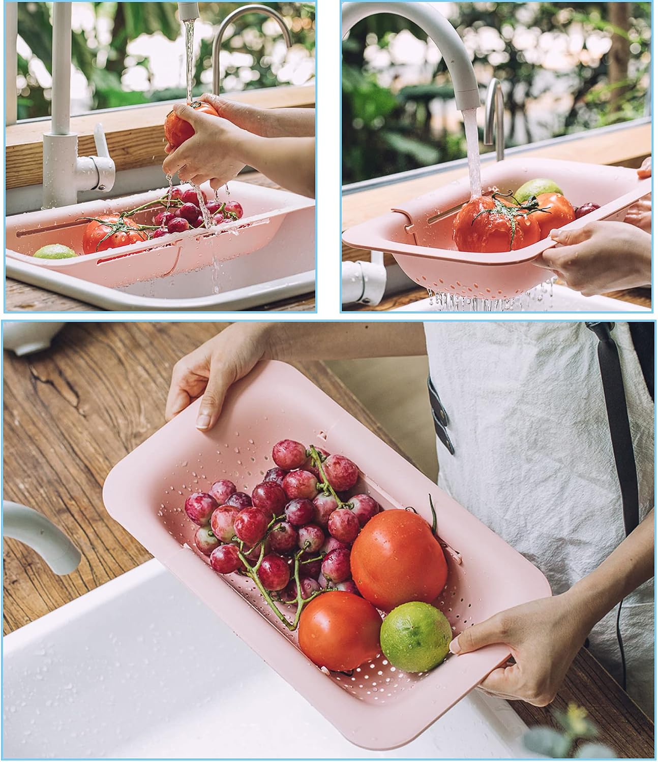 KesaPlan Collapsible Sink Colanders and Strainers Basket Over the Colander Extendable Plastic Fruit Vegetable Strainer Drainer for Kitchen(Length 14.3-19.4 inch)(Gray Set of 2)