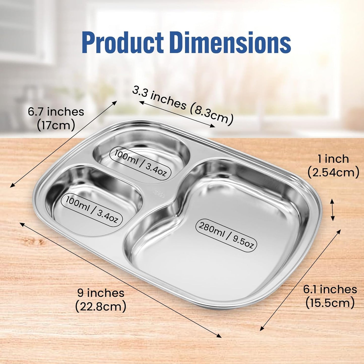 Korean Stainless Steel Divided Plates for Adults, Teens, Premium 304, Electro-Polished, No Black Residue, BPA-Free, Large 5-Compartment Food Tray, Diet Portion Control, Camping, Set of 2