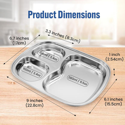 Korean Stainless Steel Divided Plates for Adults, Teens, Premium 304, Electro-Polished, No Black Residue, BPA-Free, Large 5-Compartment Food Tray, Diet Portion Control, Camping, Set of 2