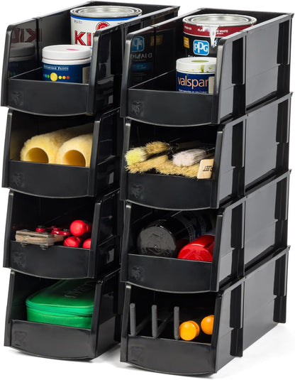 IRIS USA Extra Large Stackable Storage Bins, 6-Pack, 13"L x 10"W x 8"H, |Made in USA|, Plastic Open Front Shelf Bin for Organizing Parts, Hardware, Tools, Supplies, Garage Shelf, Pantry - Black