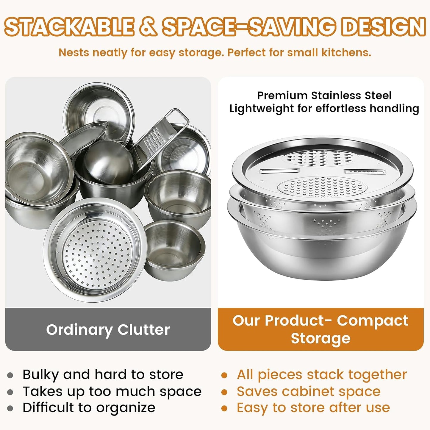 Stainless Steel Mixing Bowls Set, Multifunctional Kitchen Basin with Strainer & Colander, Fruit Lettuce Spinner for Washing, Draining & Food Prep (9.45in（24cm）)