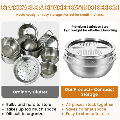 Stainless Steel Mixing Bowls Set, Multifunctional Kitchen Basin with Strainer & Colander, Fruit Lettuce Spinner for Washing, Draining & Food Prep (9.45in（24cm）)