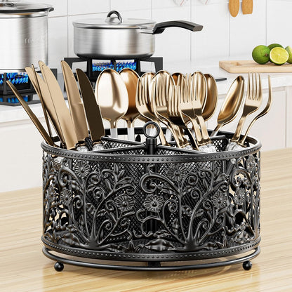 YIUKEA 360° Rotating Utensil Caddy - Silverware Cutlery Caddy Holder with 4 Compartment, Metal Flatware Organizer Countertop with Handle for Party Camping Picnic, Kitchen Counter, Office (Silver)