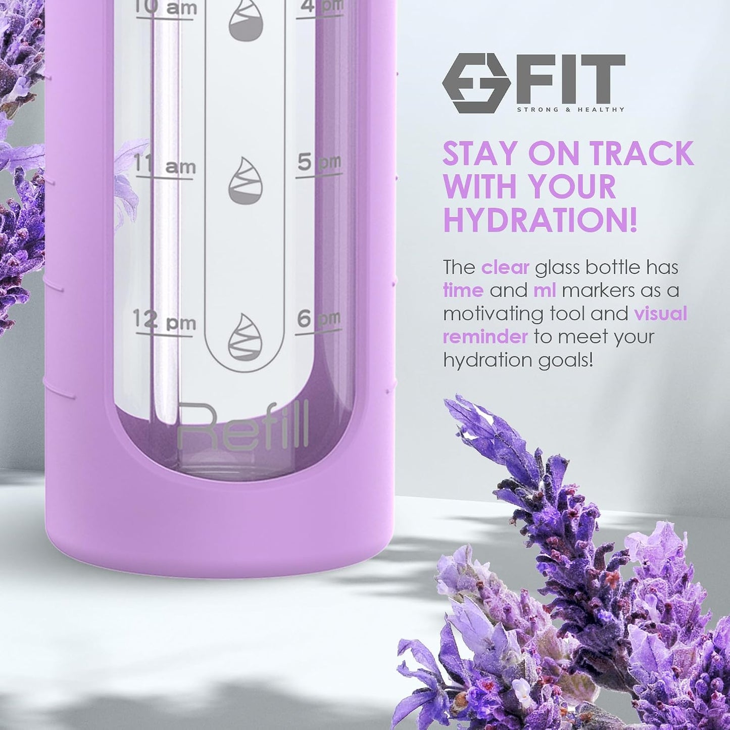 FIT Strong & Healthy 2 & 3 Compartment Glass Meal Prep Containers with LAVENDER Lids (4 Pack, 32 oz) and 32 oz Glass Water Bottle with Straw Lid, Time Marker, Sleeve & Extra Lid Bundle