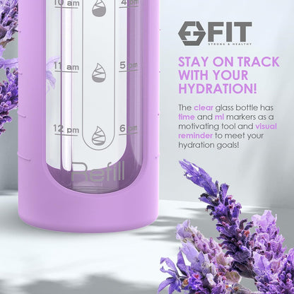 FIT Strong & Healthy 2 & 3 Compartment Glass Meal Prep Containers with LAVENDER Lids (4 Pack, 32 oz) and 32 oz Glass Water Bottle with Straw Lid, Time Marker, Sleeve & Extra Lid Bundle