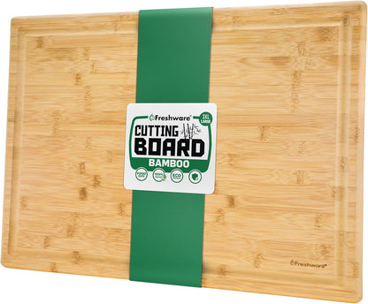 Freshware Wood Cutting Boards for Kitchen - Bamboo Cutting Board Set of 3, Cutting Boards with Juice Grooves, Serving Board Set, Chopping Board for Meat, Veggie, Easy Grip Handle (9x6", 12x8", 15x10")