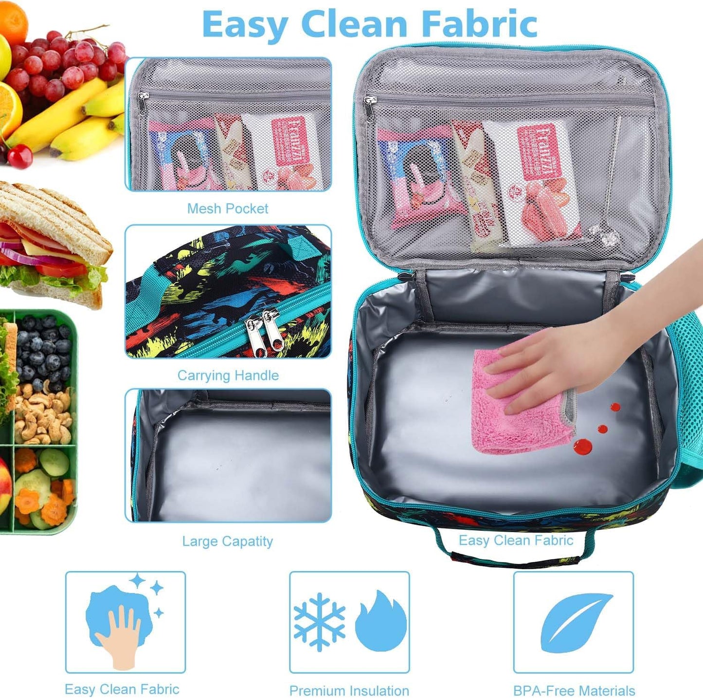 RHCPFOVR Kids Lunch Bag - Insulated Lunch Box for Boys Girls,Washable Lunch Bag and Reusable Toddler Leak-proof Lunchbox for School and Daycare - Colors B
