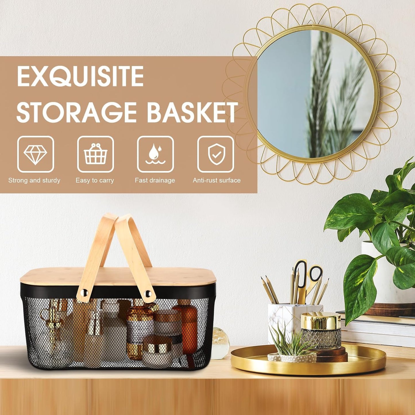Jingmore 4 Pcs Metal Mesh Baskets with Lid, Stackable for Storage, Prevents Fruit Flies for Vegetable Fruit Kitchen Cabinet Picking Gathering Pantry Harvest Garden(16 Inch,Black)