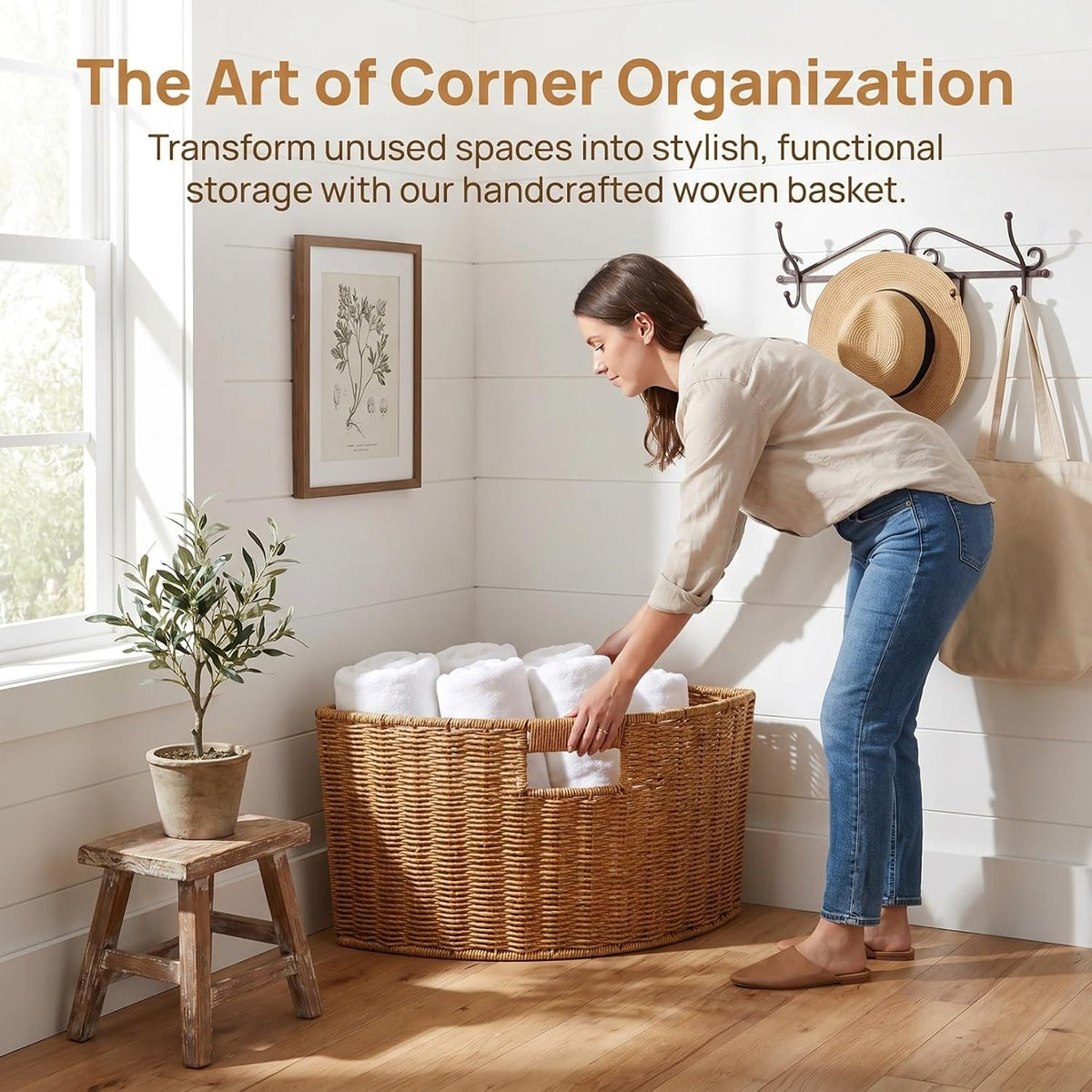 Woven Triangle Corner Storage Basket with Handles Shelf Laundry Basket | Plastic Rattan-Style Basket Fits Shelf Corners, Cabinets, Counters or Bathrooms for Towels, Laundry, Toys and Pantry Items
