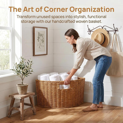 Woven Triangle Corner Storage Basket with Handles Shelf Laundry Basket | Plastic Rattan-Style Basket Fits Shelf Corners, Cabinets, Counters or Bathrooms for Towels, Laundry, Toys and Pantry Items