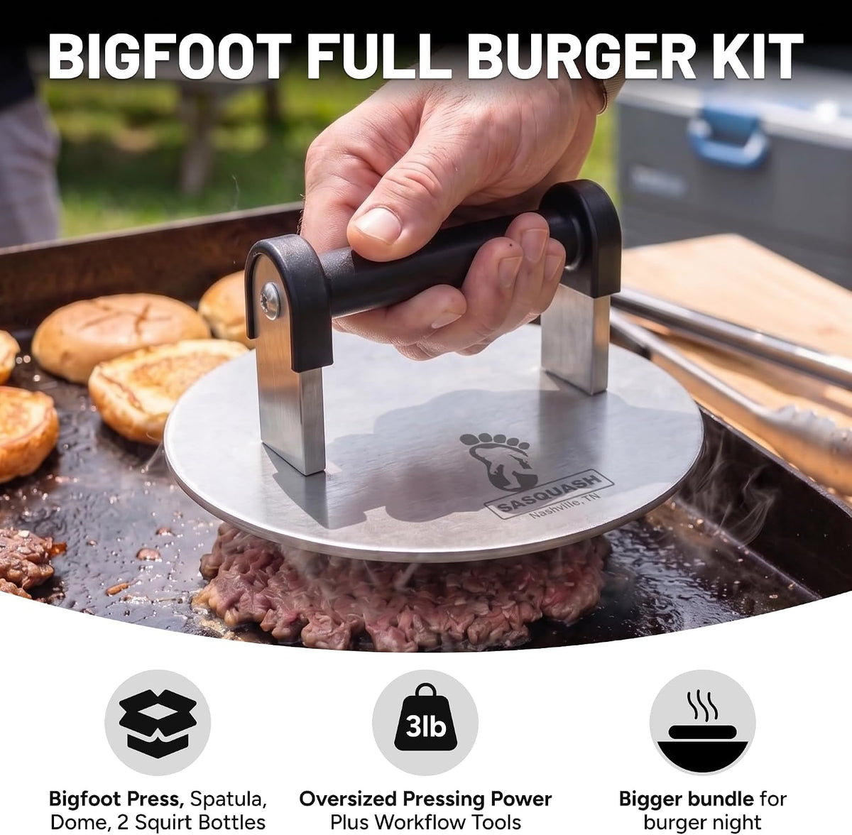Sasquash Bigfoot Burger Smasher - Huge 8 Inch 3+ Pound Smash Burger Press