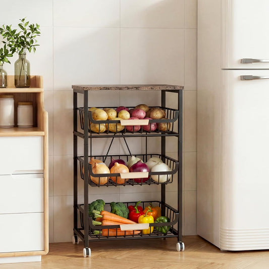 JAQ Slide Out Fruit Vegetable Basket for Kitchen, 4-Tier Rolling Storage Cart with Wooden Handle & Top, Metal Wire Produce Rack for Pantry Organization, Onion Potato Storage Bins for Small Space,White