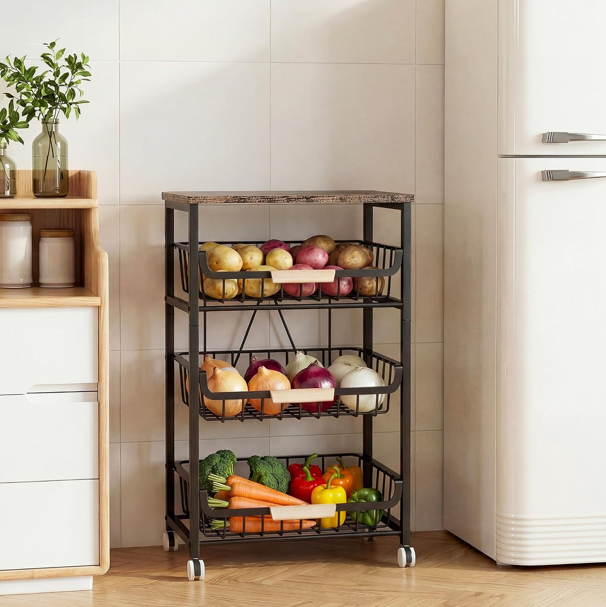 JAQ Slide Out Fruit Vegetable Basket for Kitchen, 4-Tier Rolling Storage Cart with Wooden Handle & Top, Metal Wire Produce Rack for Pantry Organization, Onion Potato Storage Bins for Small Space,White