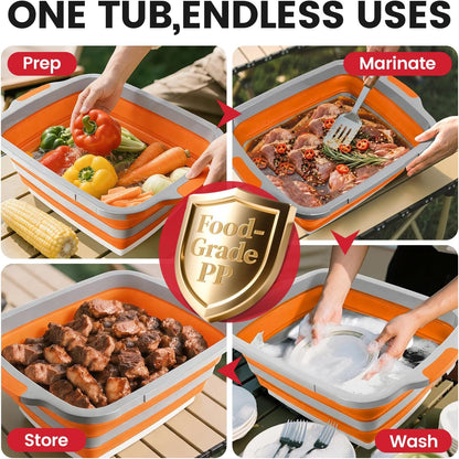 BBQ Prep Tub 3-IN-1 Large 16L Collapsible Cutting Board with Locking Lid for Meal Prep Marinating Food, Camping Sink with Colander, Dish Basin, Storage Blanket for Camping Picnic BBQ, Black