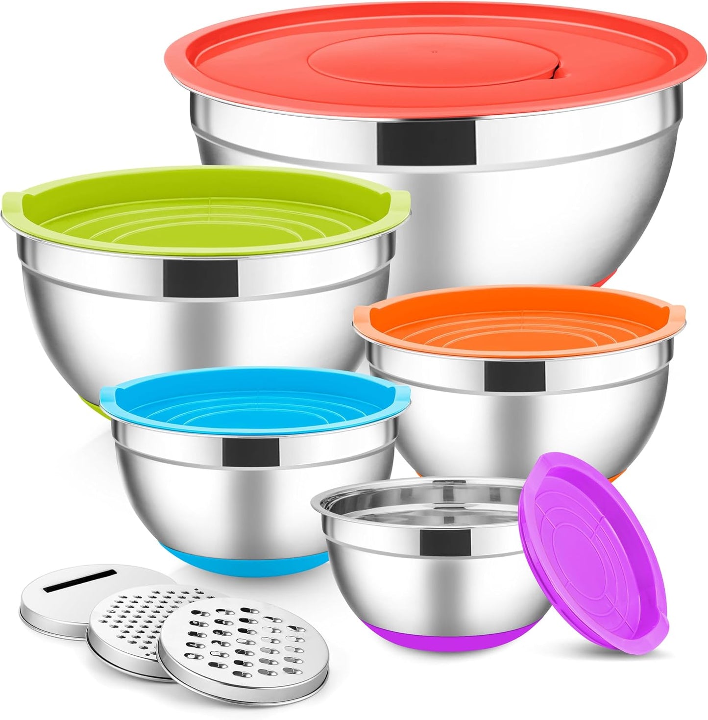 E-far Stainless Steel Mixing Bowls with Lids Set, 5-Piece Nesting Salad Bowls with 3 Grater Attachments and Non-Slip Bottoms, Size 4.6, 2.6, 2, 1.5, 1QT for Kitchen (Khaki)