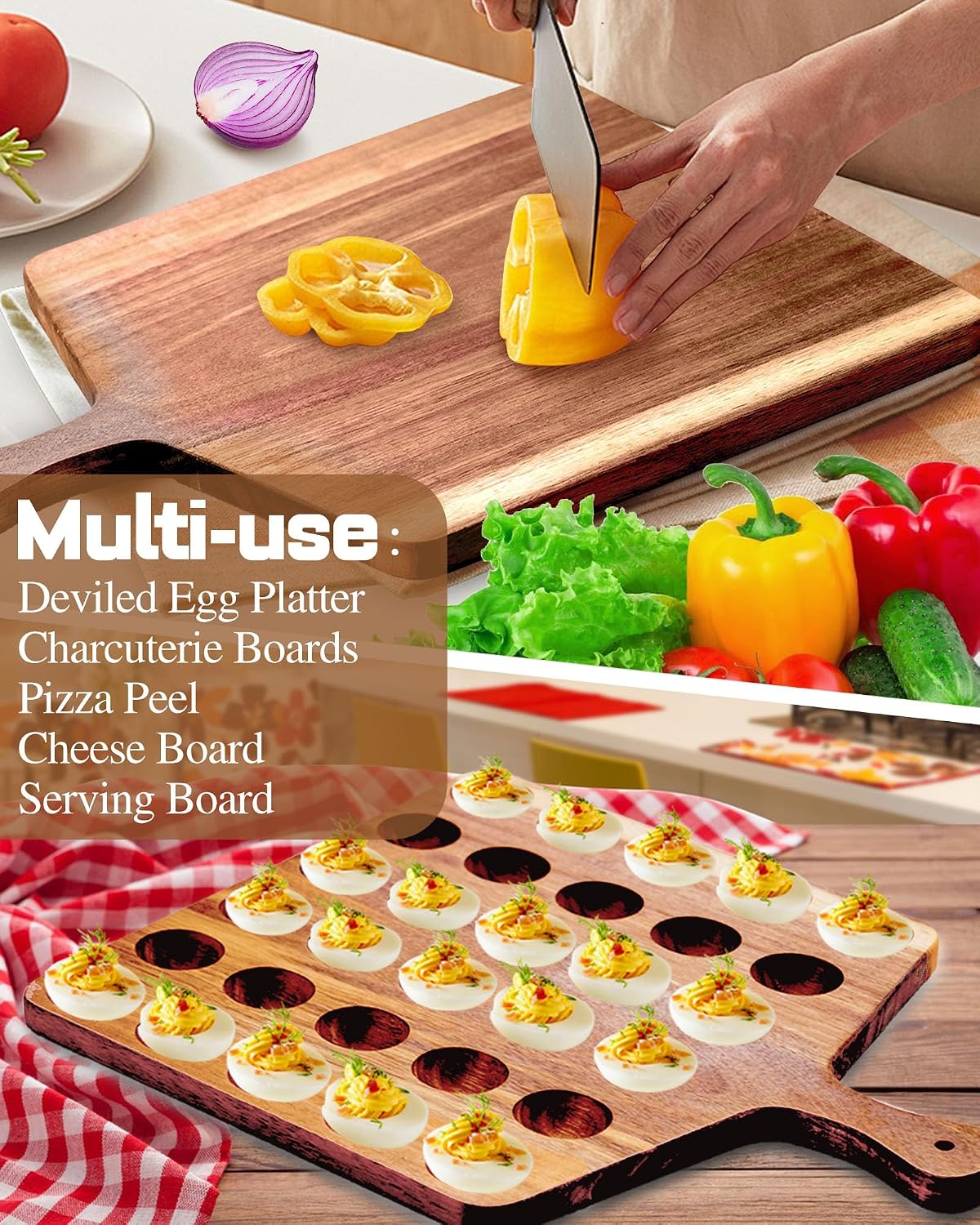 2-Pack 24 Holes Deviled Egg Platter,Acacia Wooden Round Deviled Egg Charcuterie Board Tray Holder Carrier with Handle for Kitchen Countertops