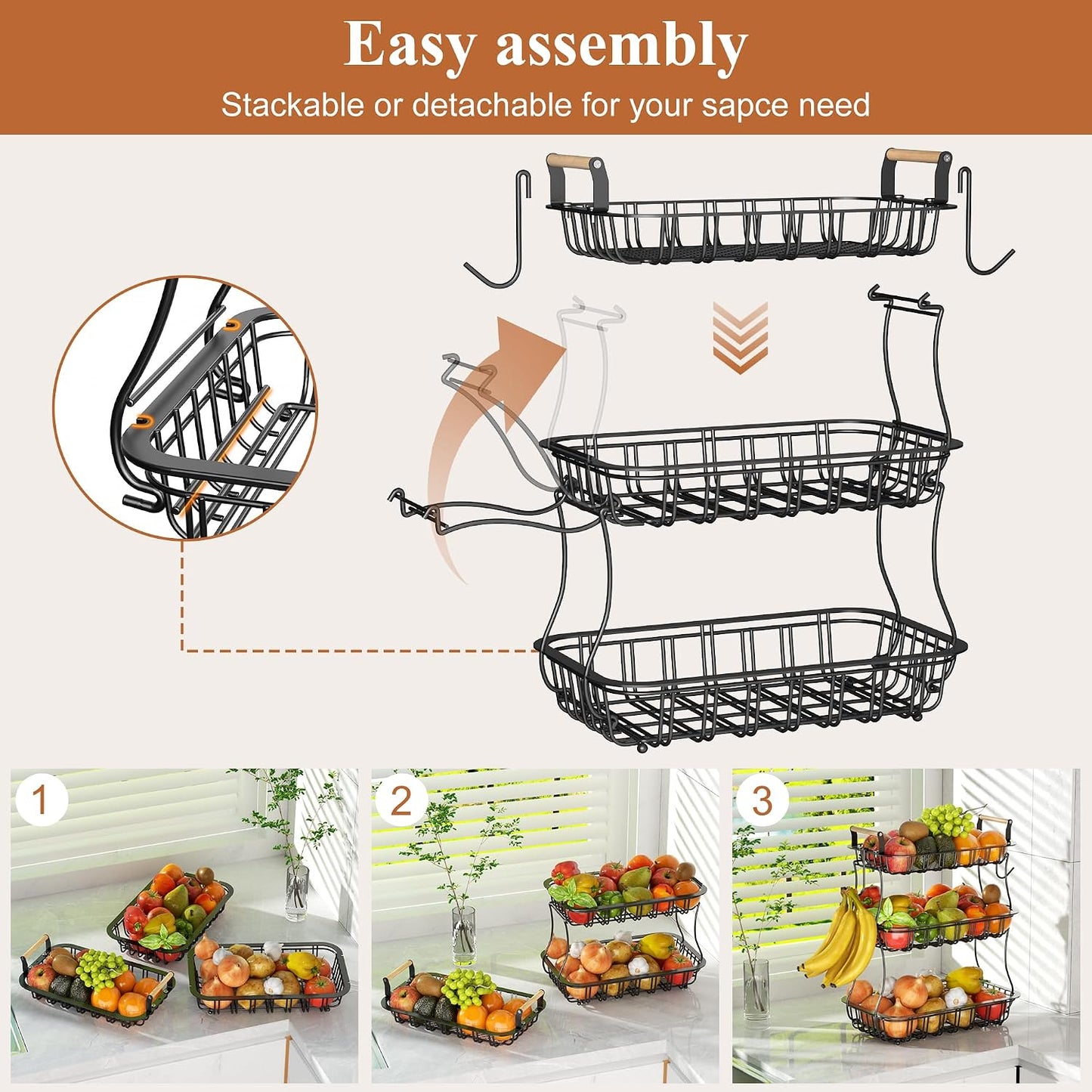 3 Tier Fruit Basket with 2 Banana Hooks, Large Capacity Multifunctional Detachable Sturdy Fruit Bowl with Wooden Handle Mesh Top for Kitchen Counter, for Bread Snacks Vegetables Produce, Black