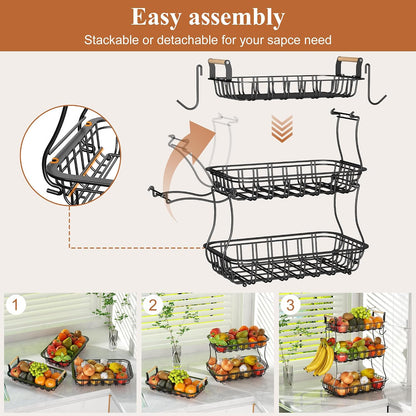 3 Tier Fruit Basket with 2 Banana Hooks, Large Capacity Multifunctional Detachable Sturdy Fruit Bowl with Wooden Handle Mesh Top for Kitchen Counter, for Bread Snacks Vegetables Produce, Black