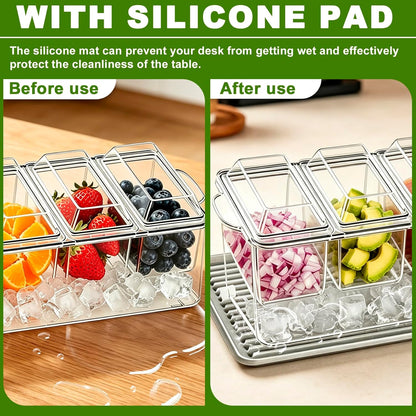 Chilled Condiment Caddy, 5 Containers with Secure Lids, Drain Plug & Gray Silicone Mat, Holds 80 oz Ice. Large Taco Bar Serving Set, Multi-Use for Mimosa Bar, Salad, Fruit, Party Garnishes