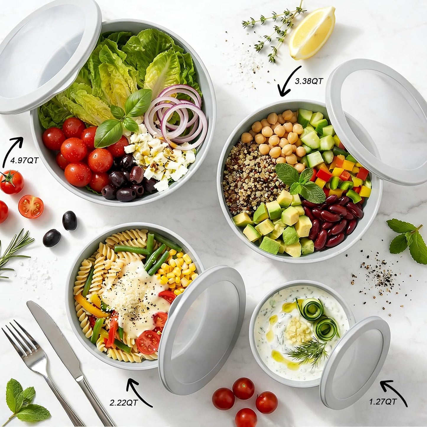 BoxedHome Plastic Mixing Bowls with Lids Set,4.97QT Large Capacity Deep Nesting Bowl,8 Pieces Set BPA-Free Prep Bowls,Dishwasher & Microwave Safe,Beige