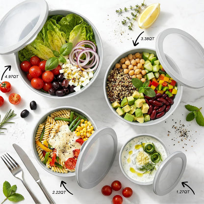 BoxedHome Plastic Mixing Bowls with Lids Set,4.97QT Large Capacity Deep Nesting Bowl,8 Pieces Set BPA-Free Prep Bowls,Dishwasher & Microwave Safe,Beige