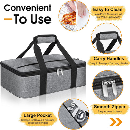 Insulated Casserole Carrier, Portable Casserole Carrier for Hot or Cold Food Lunch Tote Warmer or Cooler Bag, Lasagna Lunch Bag for Potluck Parties- Fits 9" x 13" Baking Dish-Charcoal Grey