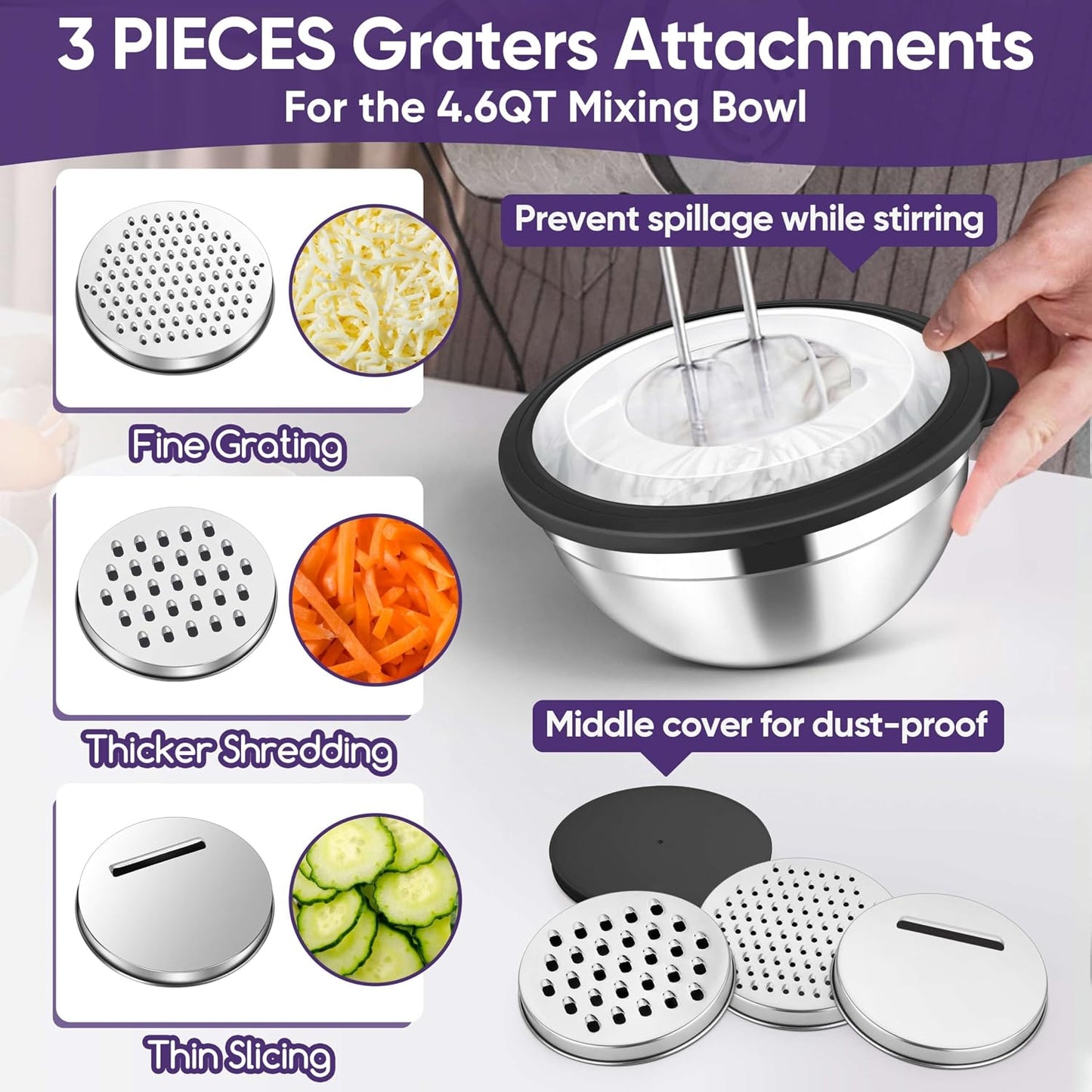 Herogo 5-Piece Mixing Bowls with Airtight Lids, 3 Grater Attachments, Stainless Steel Salad Serving Bowls for Kitchen, Size 4.6, 3.5, 2.5, 2, 1.5QT Ideal for Prepping & Cooking, Black