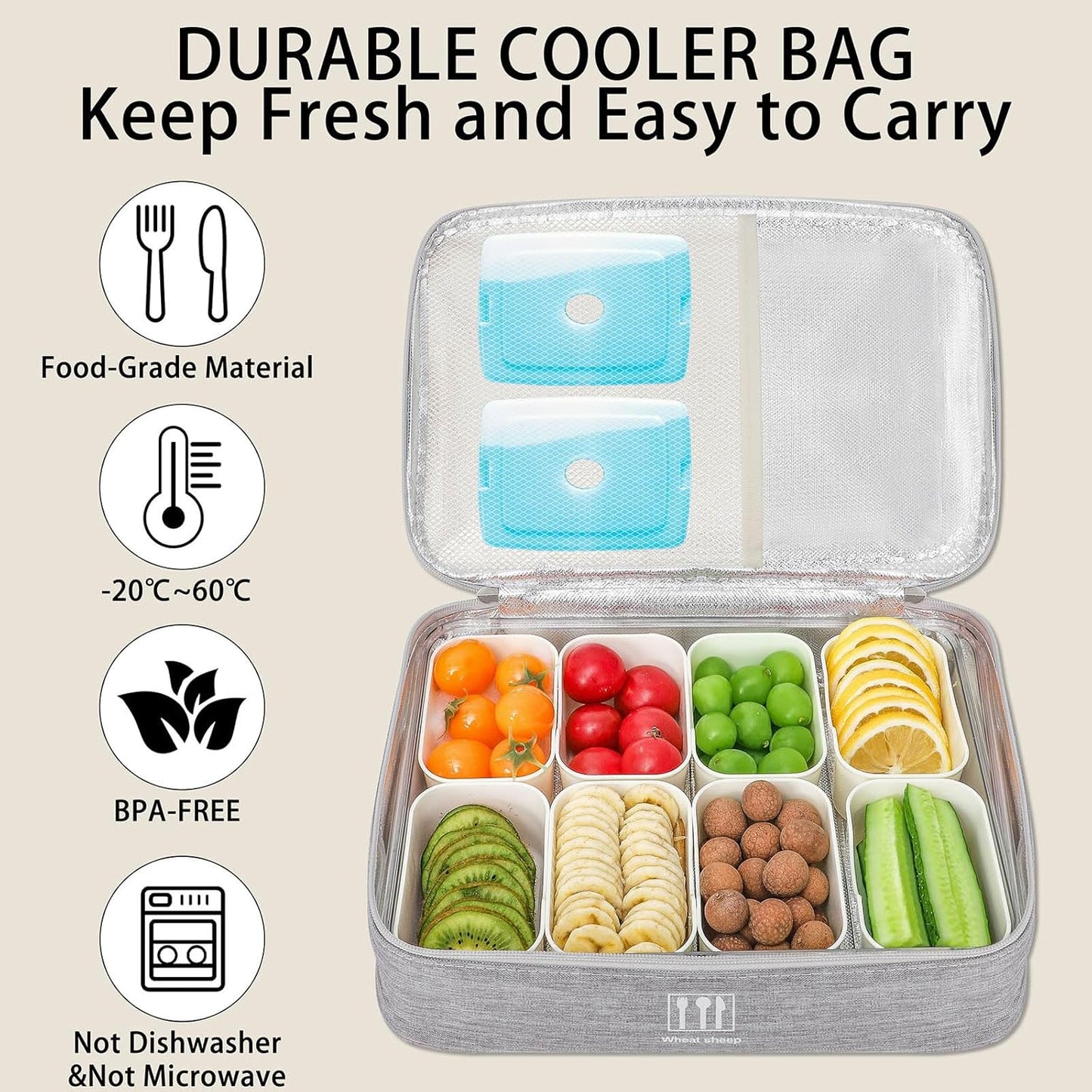 Snack Box Container with Insulated Cooler Bag, Divided Serving Tray with Lid and Handle Beach Essentials, Snackle Box Veggie Fruit Tray with 8 Compartments & 8 Forks & 2 Spoon
