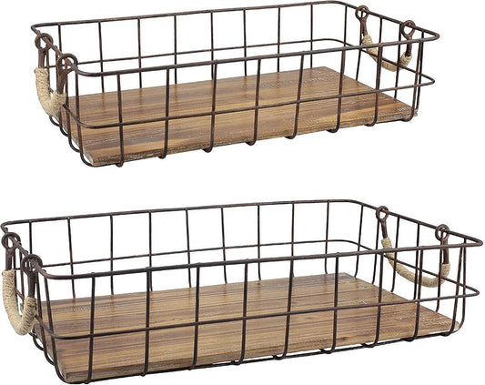 Stonebriar Stackable 2pc Rectangle Metal Wire and Wood Basket Set with Rope Wrapped Handles, Rustic Decor for Home Storage, Decorative Serving Baskets for Weddings, Birthdays, and Holiday Parties