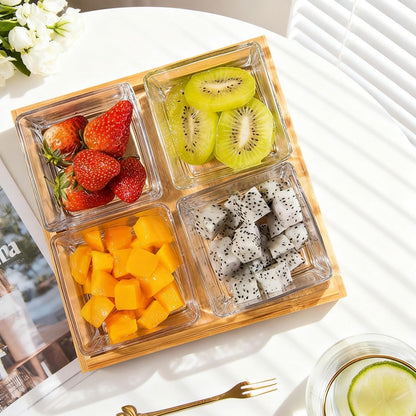 Snackle Box Container Chip and Dip Bowls With Serving Tray, 3 Glass Square Sauce Cups Dip Bowls, Small Fruit Platter Side Dishes for Party Entertaining Appetizer Dessert Salsa Side Dishes(THREE)