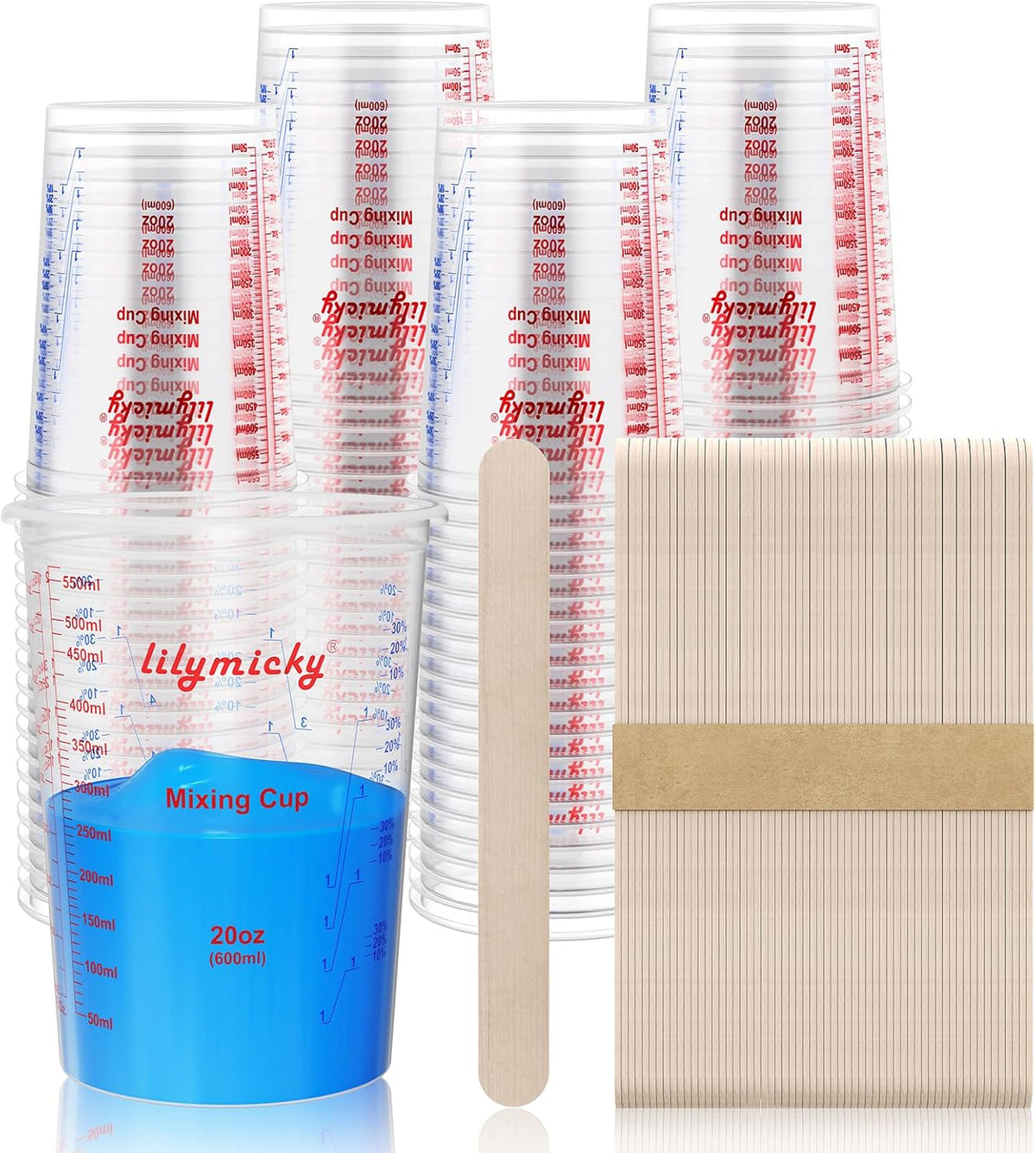 Plastic Mixing Cups, 20 oz Measuring Cups with Mixing Sticks