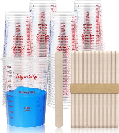 Plastic Mixing Cups, 20 oz Measuring Cups with Mixing Sticks