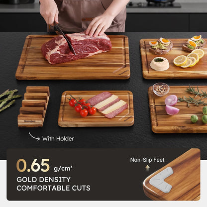 3 Pack Teak Wood Cutting Board Set for Kitchen Charcuterie Board Serving Heavy Duty Non Toxic Slip Hardwood Over Sink Solid Thick Haus Wooden Chopping Board Large Big Small Meat Best Essential Gift