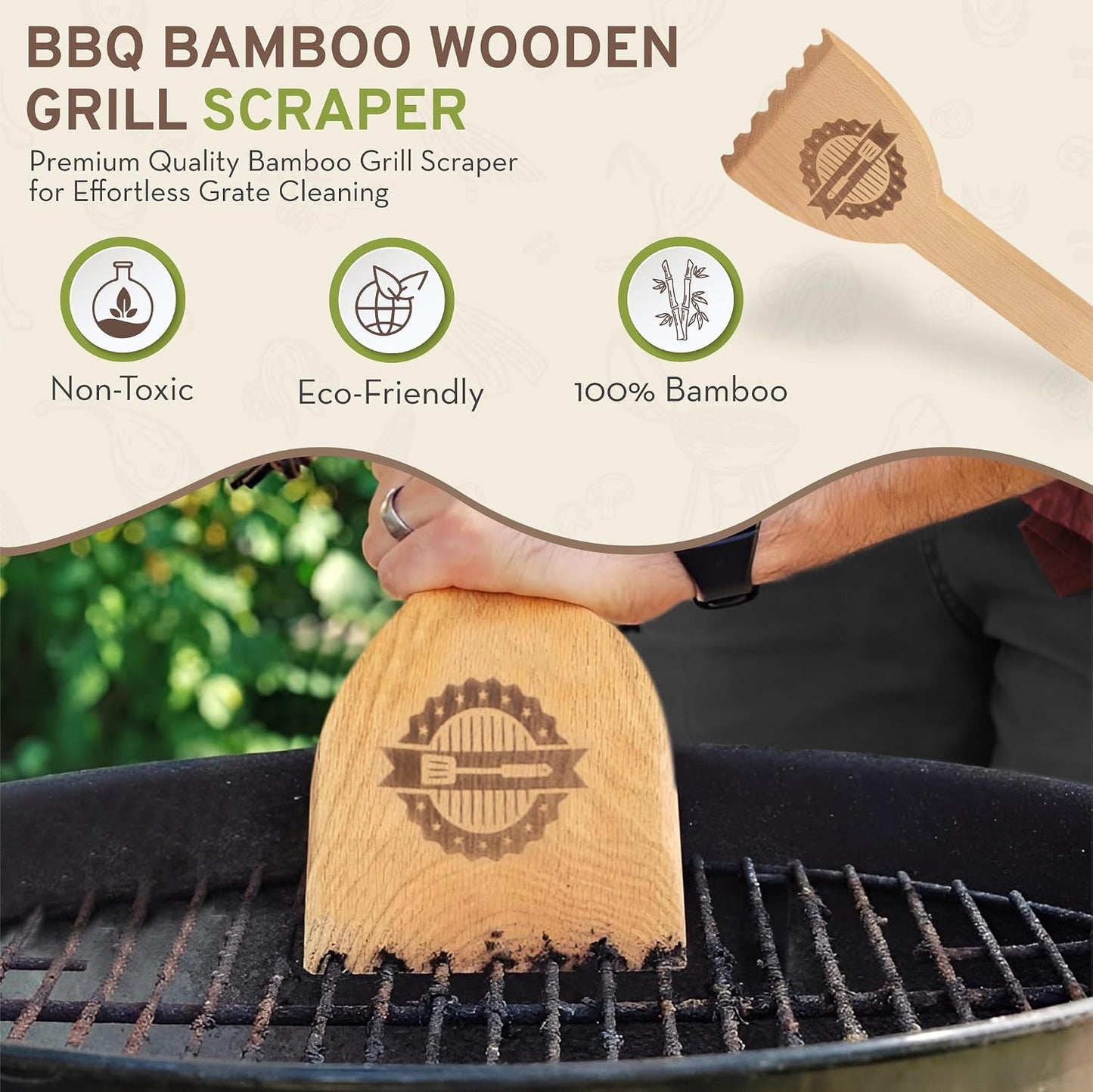 Wooden BBQ Grill Scraper – Beech Wood Griddle Cleaner for Traeger and Other Grills, No Metal Bristles, Safe and Durable Grill Cleaning Tool with Grooved Edge
