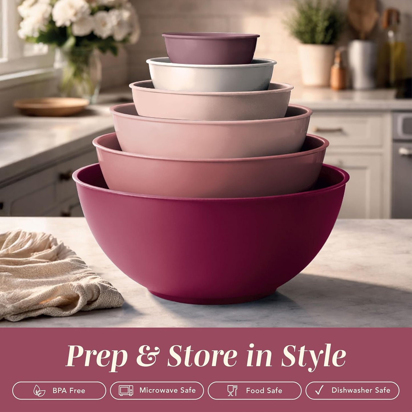 COOK WITH COLOR Mixing Bowls with Lids - 12 Piece Plastic Nesting Bowls Set includes 6 Prep Bowls and 6 Lids, Microwave Safe Mixing Bowl Set, Pink Embossed - Colors A
