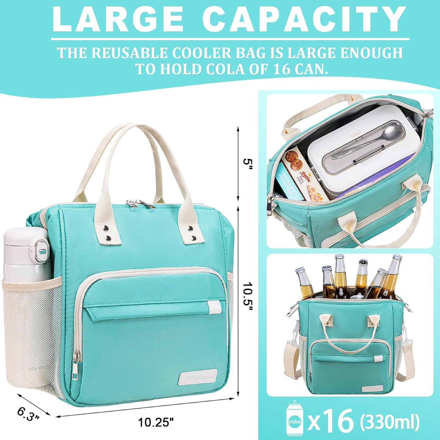 TuErCao Small Lunch Bag Lightweight Insulated Lunch Box for Women Work Portable Soft Cooler for Picnic Travel Road Trips, Loncheras para Mujer, Black